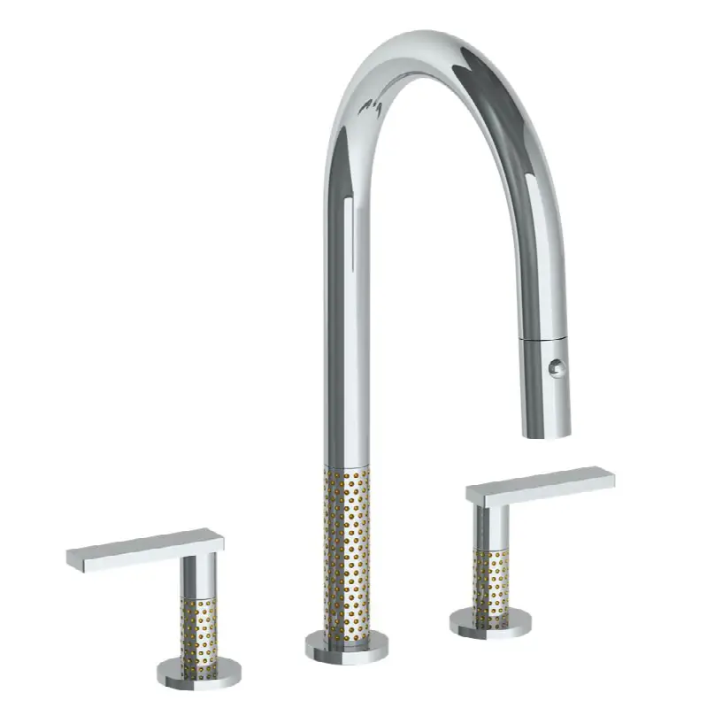 Deck Mounted 3 Hole Gooseneck Prep Faucet with Pull Down Spray