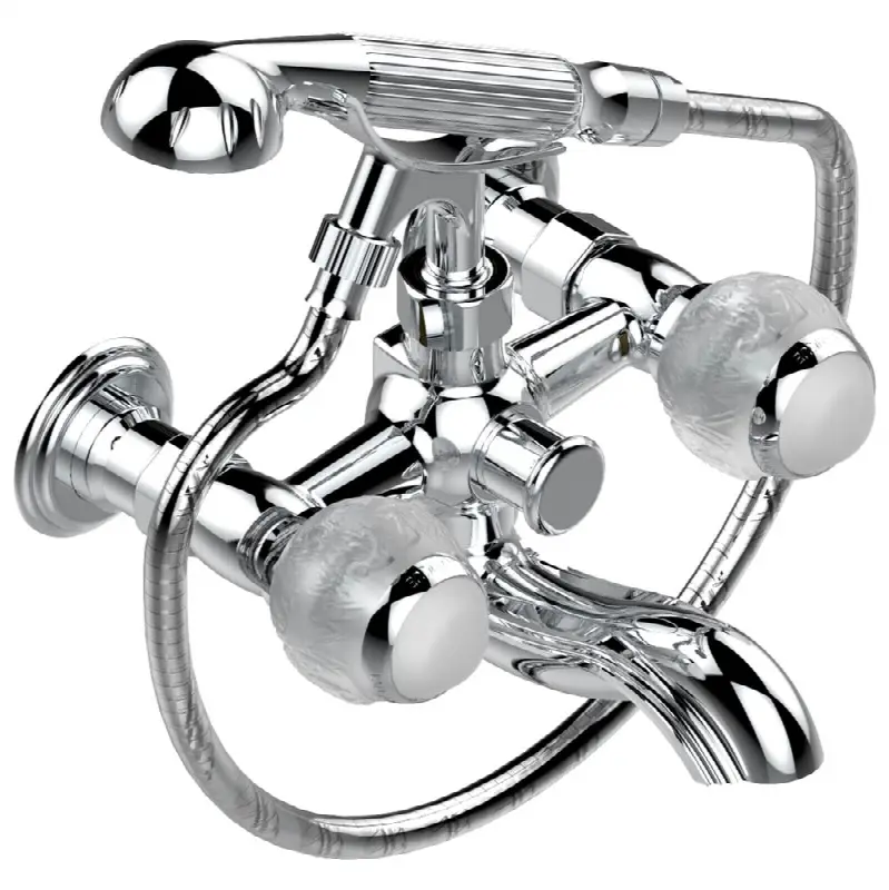 Exposed tub filler with cradle handshower, wall mounted