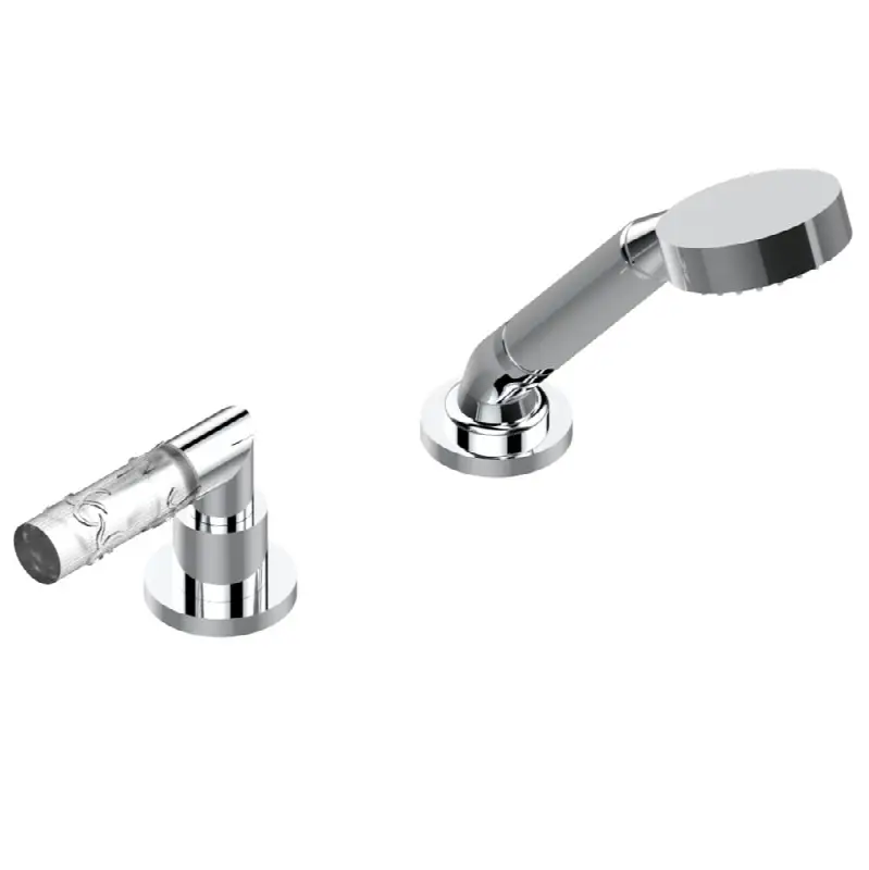 Deck mounted mixer with handshower, progressive cartridge
