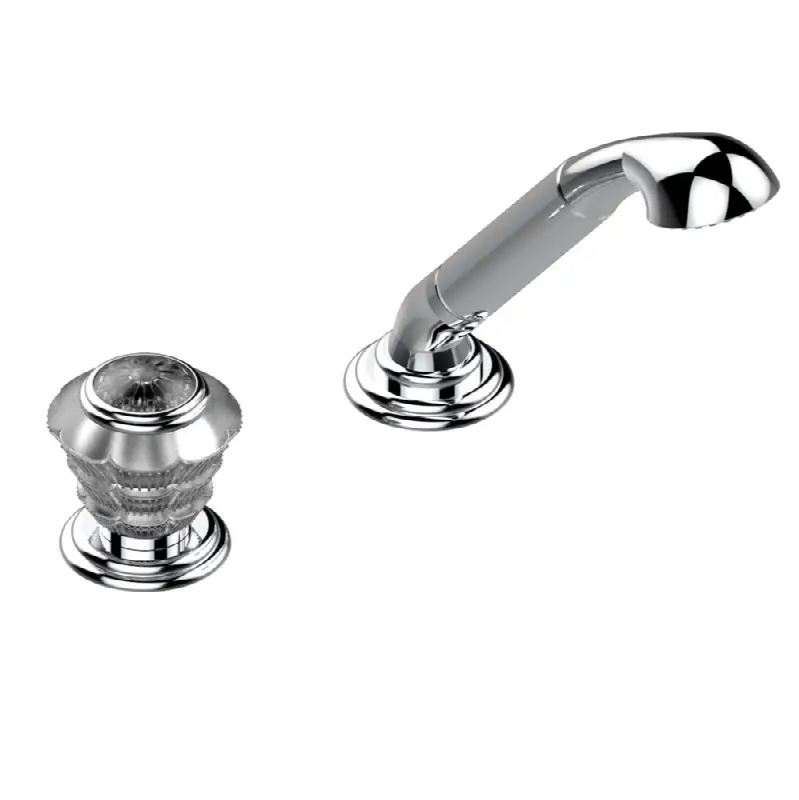 Deck mounted mixer with handshower, progressive cartridge