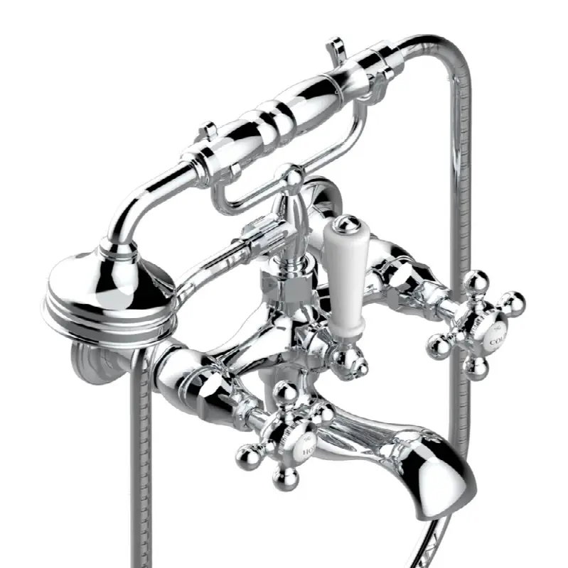 Exposed tub filler with cradle handshower, wall mounted