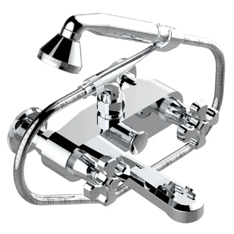 Exposed tub filler with cradle handshower, wall mounted