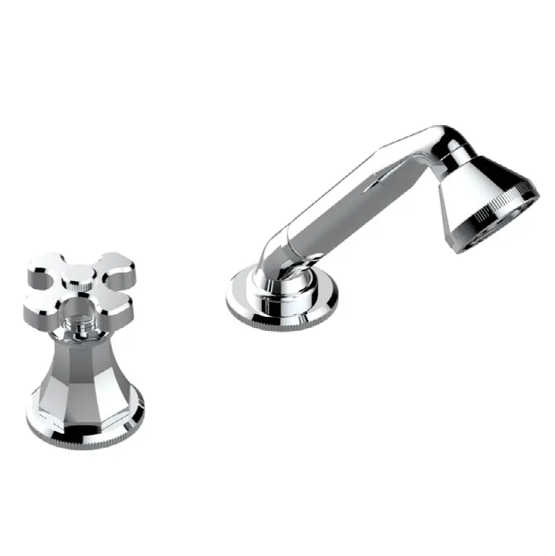 Deck mounted mixer with handshower, progressive cartridge