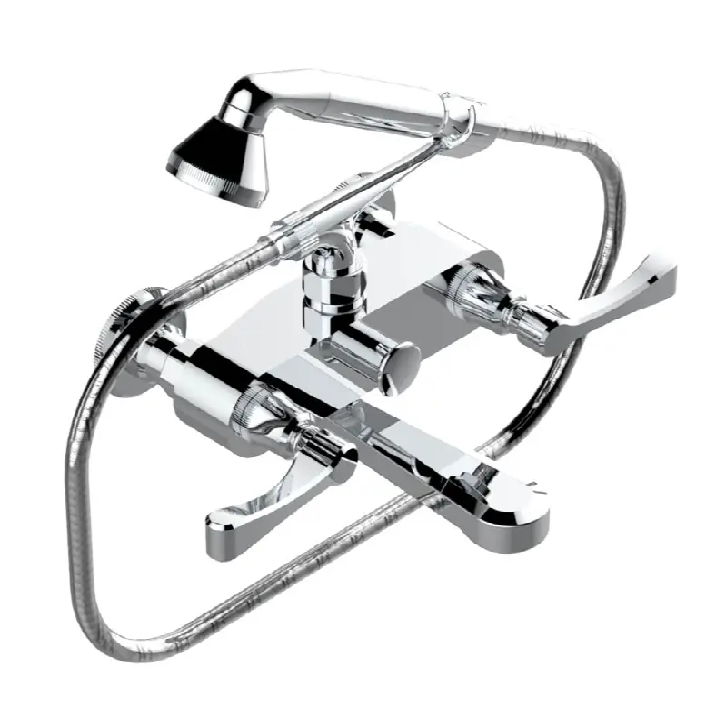 Exposed tub filler with cradle handshower, wall mounted