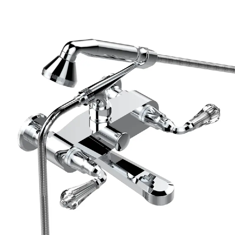 Exposed tub filler with cradle handshower, wall mounted