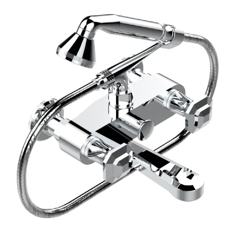 Exposed tub filler with cradle handshower, wall mounted