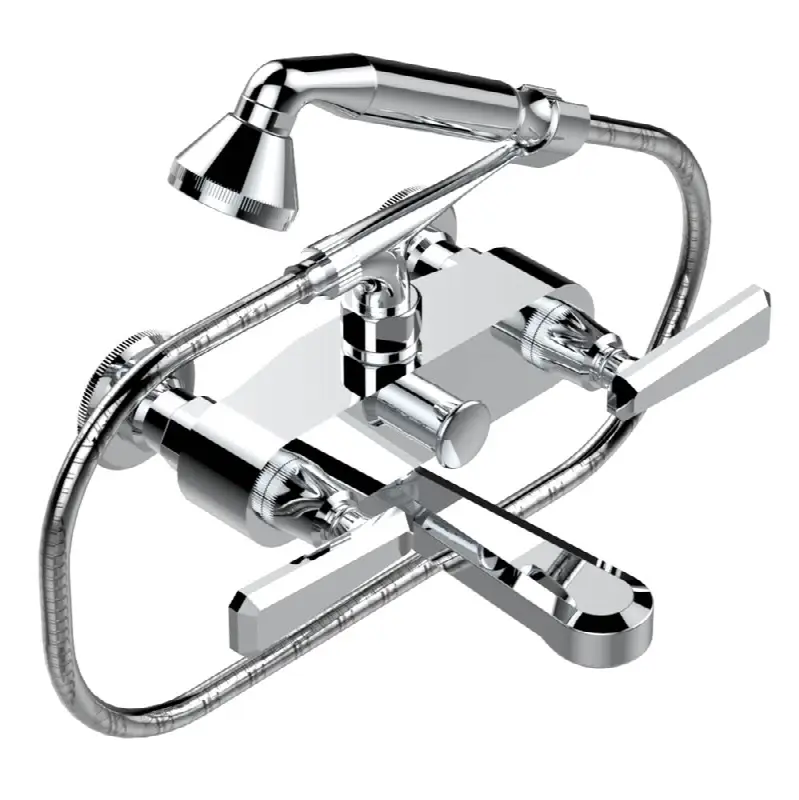 Exposed tub filler with cradle handshower, wall mounted