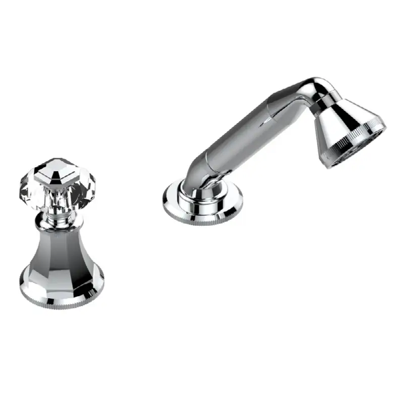 Deck mounted mixer with handshower, progressive cartridge
