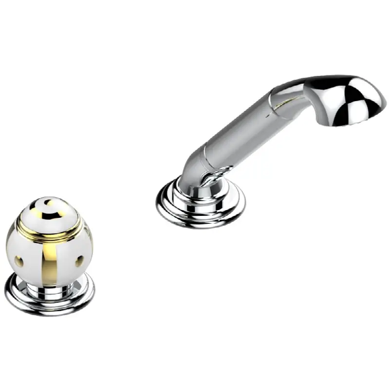 Deck mounted mixer with handshower, progressive cartridge