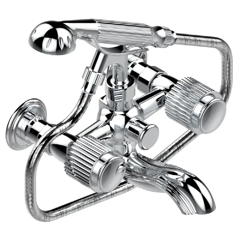 Exposed tub filler with cradle handshower, wall mounted