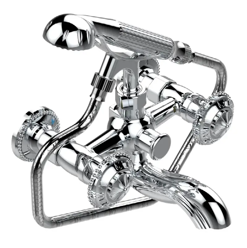 Exposed tub filler with cradle handshower, wall mounted
