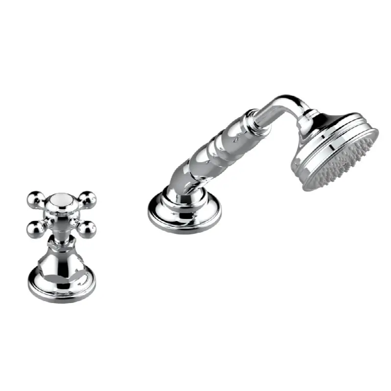 Deck mounted mixer with handshower, progressive cartridge