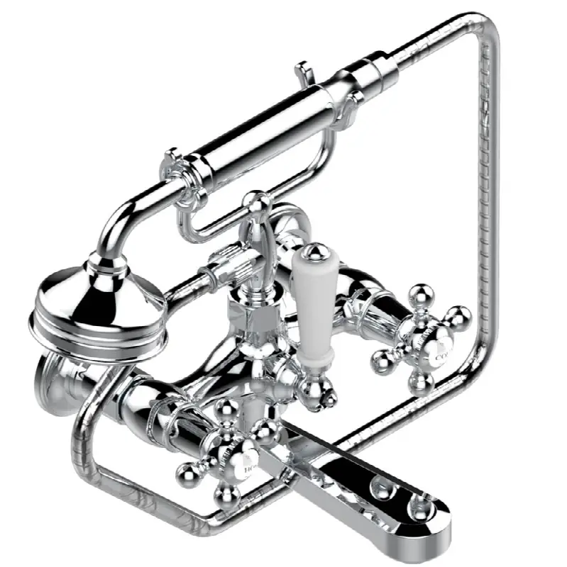 Exposed tub filler with cradle handshower, wall mounted