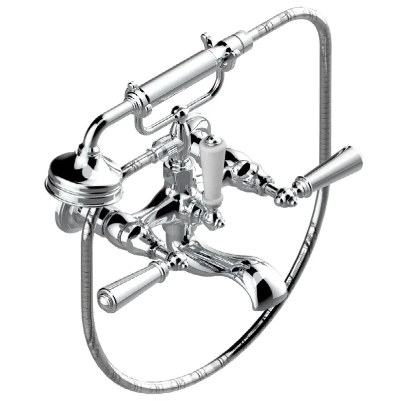 Exposed tub filler with cradle handshower, wall mounted