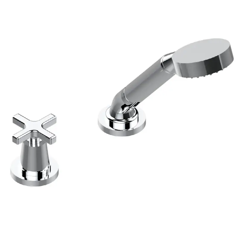 Deck mounted mixer with handshower, progressive cartridge