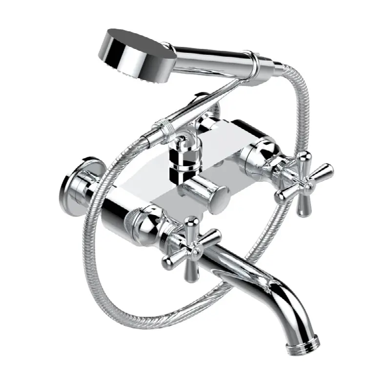 Exposed tub filler with cradle handshower, wall mounted