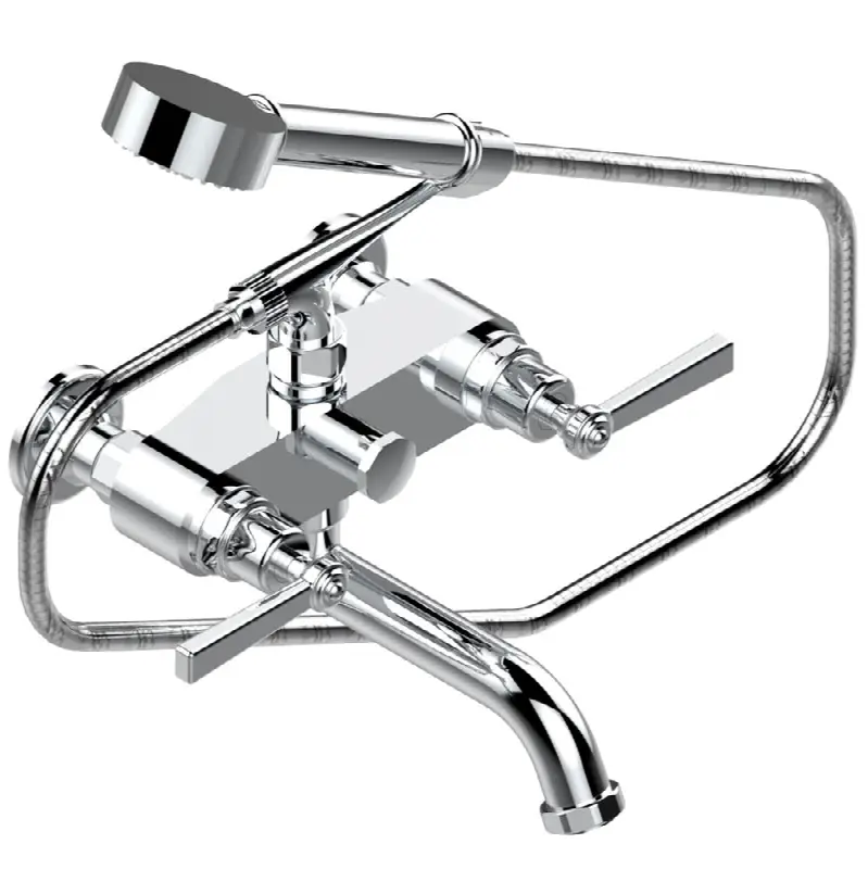 Exposed tub filler with cradle handshower, wall mounted