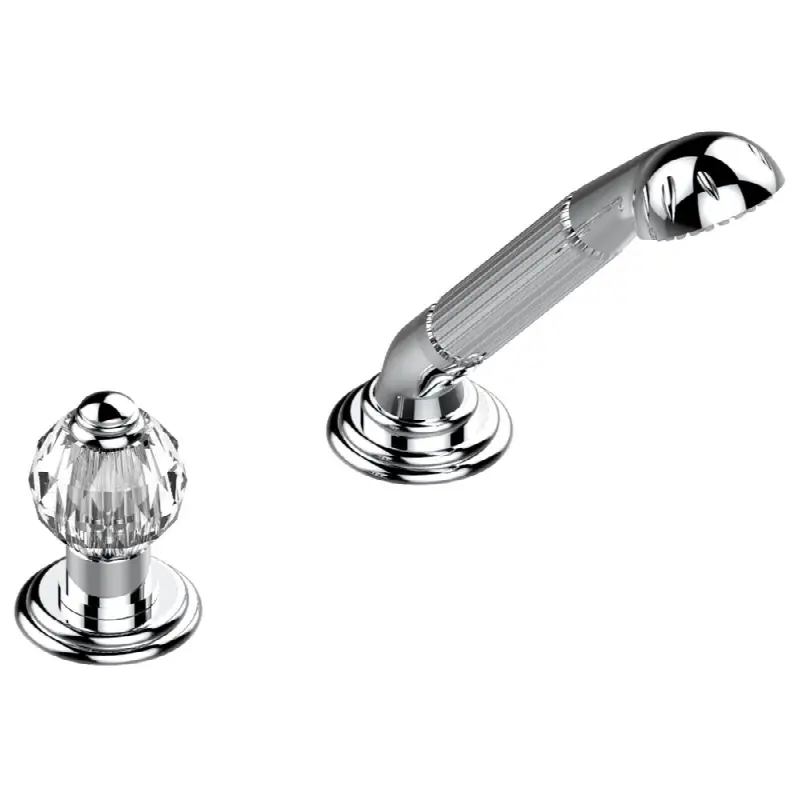 Deck mounted mixer with handshower, progressive cartridge