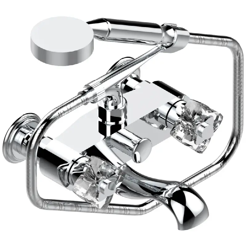Exposed tub filler with cradle handshower, wall mounted