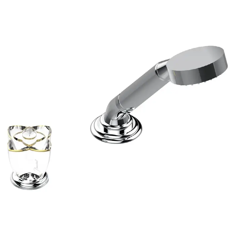 Deck mounted mixer with handshower, progressive cartridge