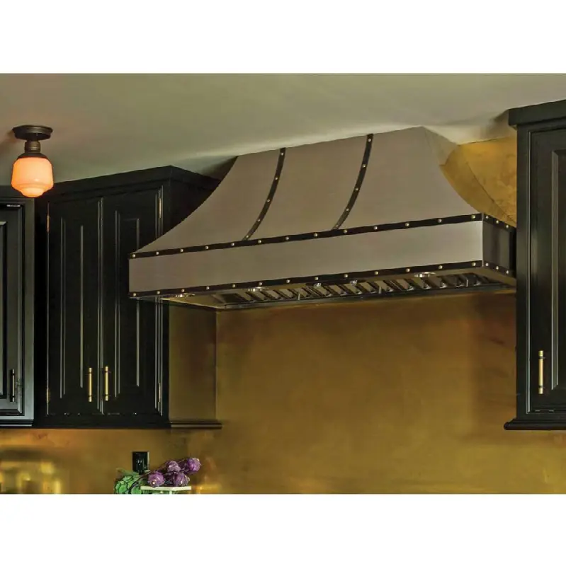 42" Wrangler Wall Hood With Brushed Stainless Strapping And Rivets.
