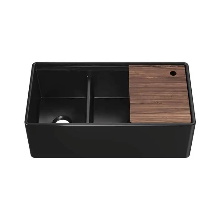 Fira sink w/ledge under. apron, double unequal 36X19X11-1/2, Matte black