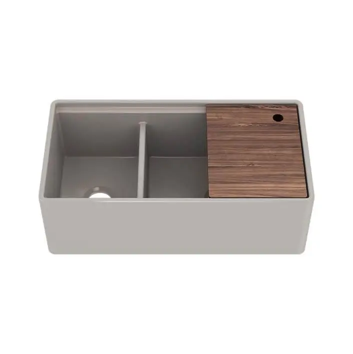 Fira sink w/ledge under. apron, double unequal 36X19X11-1/2, Matte Taupe