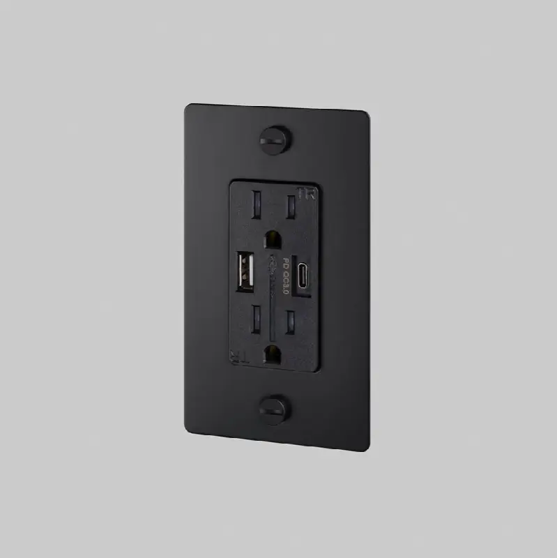 1G Combination Duplex Outlet And USB-A plus C Charger / Without Logo / Black