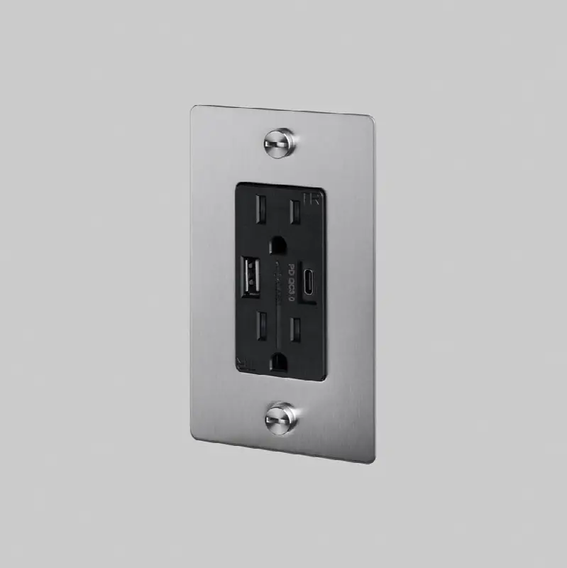 1G Combination Duplex Outlet And USB-A plus C Charger / Without Logo / Steel