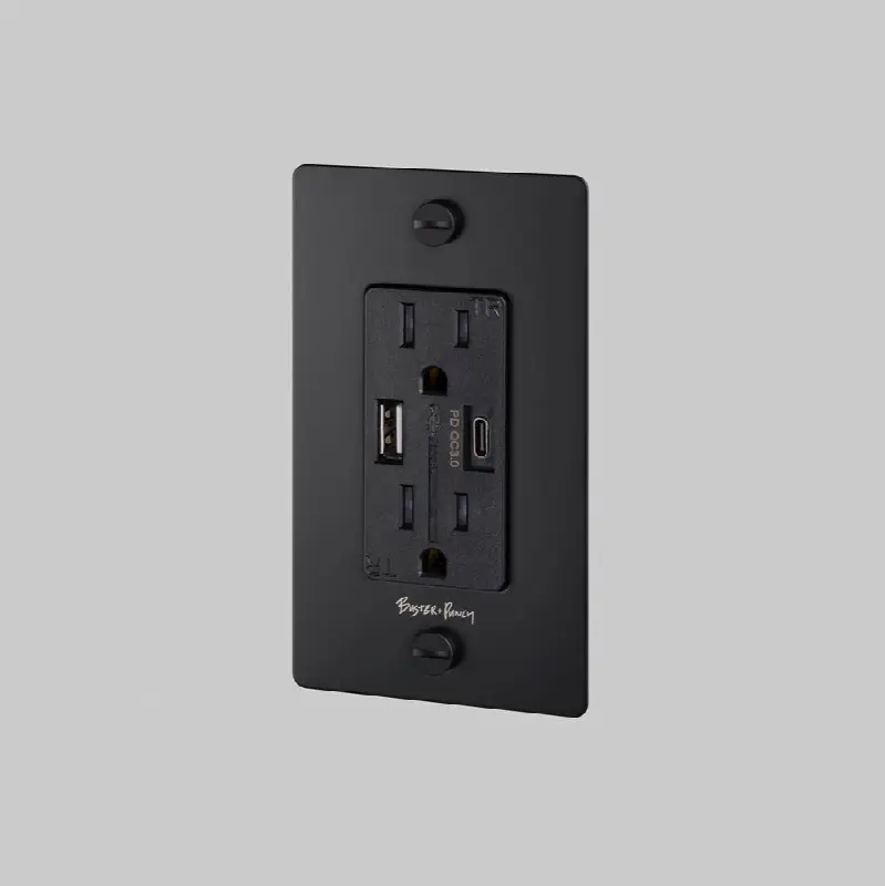 1G Combination Duplex Outlet And USB-A plus C Charger / With Logo / Black