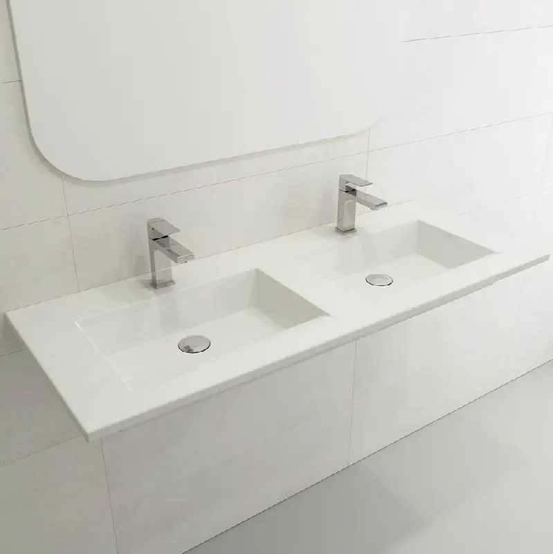 Ravenna Wall-Mounted Sink Fireclay 48 in. Double Bowl for Two 1-Hole Faucets with Overflows