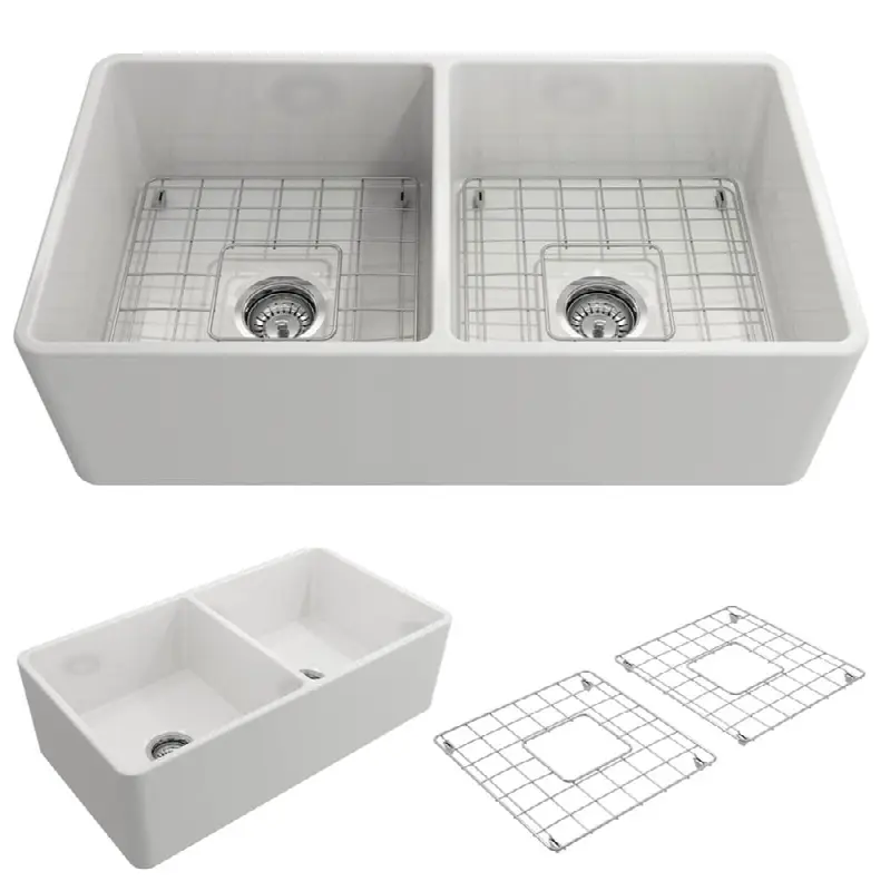 Classico Farmhouse Apron Front Fireclay 33 in. Double Bowl Kitchen Sink with Protective Bottom Grids and Strainers