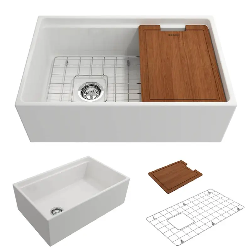 Contempo Step-Rim Apron Front Fireclay 30 in. Single Bowl Kitchen Sink with Integrated Work Station & Accessories