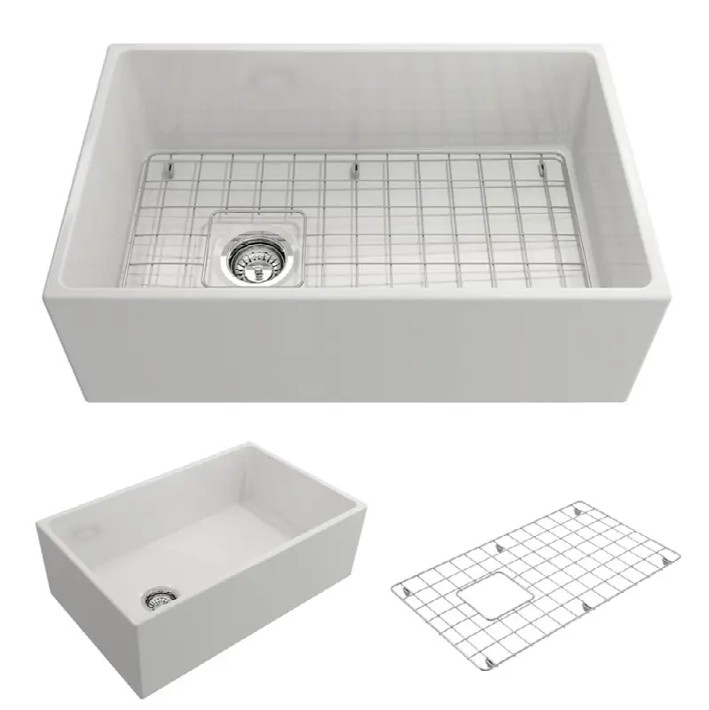Contempo Apron Front Fireclay 30 in. Single Bowl Kitchen Sink with Protective Bottom Grid and Strainer