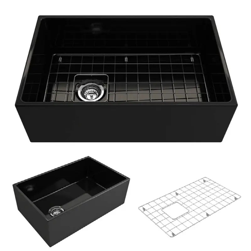 Contempo Apron Front Fireclay 30 in. Single Bowl Kitchen Sink with Protective Bottom Grid and Strainer in Black
