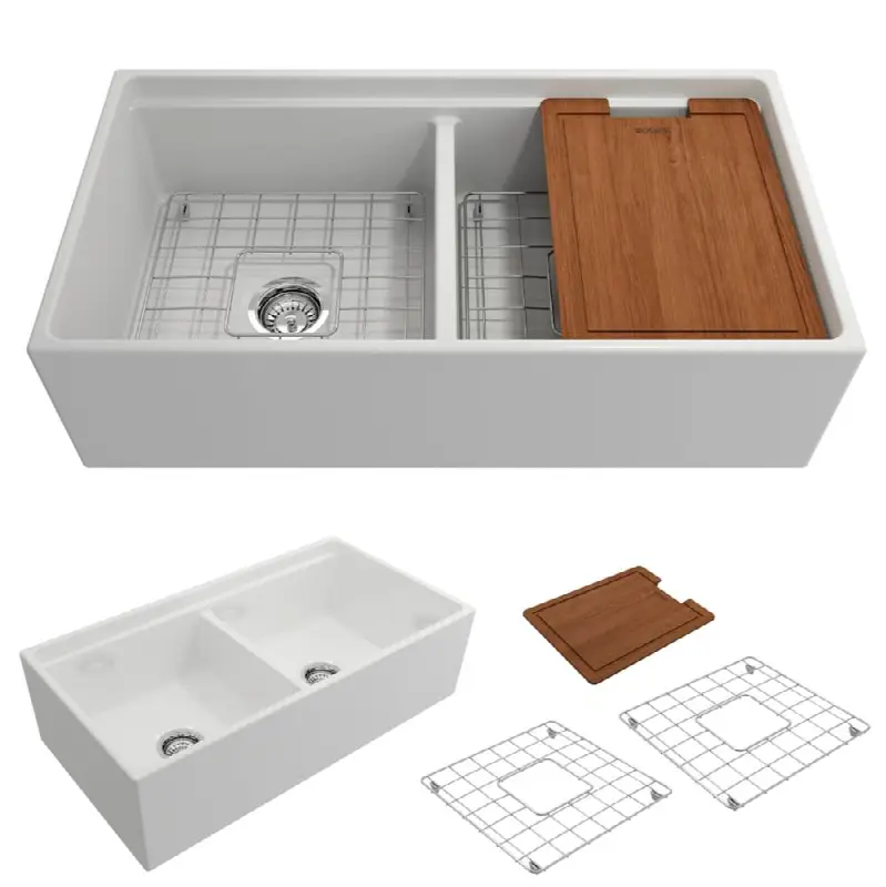 Contempo Step-Rim Apron Front Fireclay 36 in. Double Bowl Kitchen Sink with Integrated Work Station & Accessories