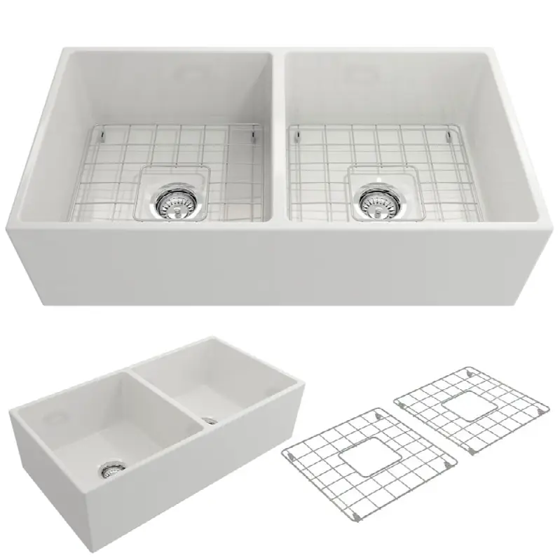 Contempo Apron Front Fireclay 36 in. Double Bowl Kitchen Sink with Protective Bottom Grids and Strainers