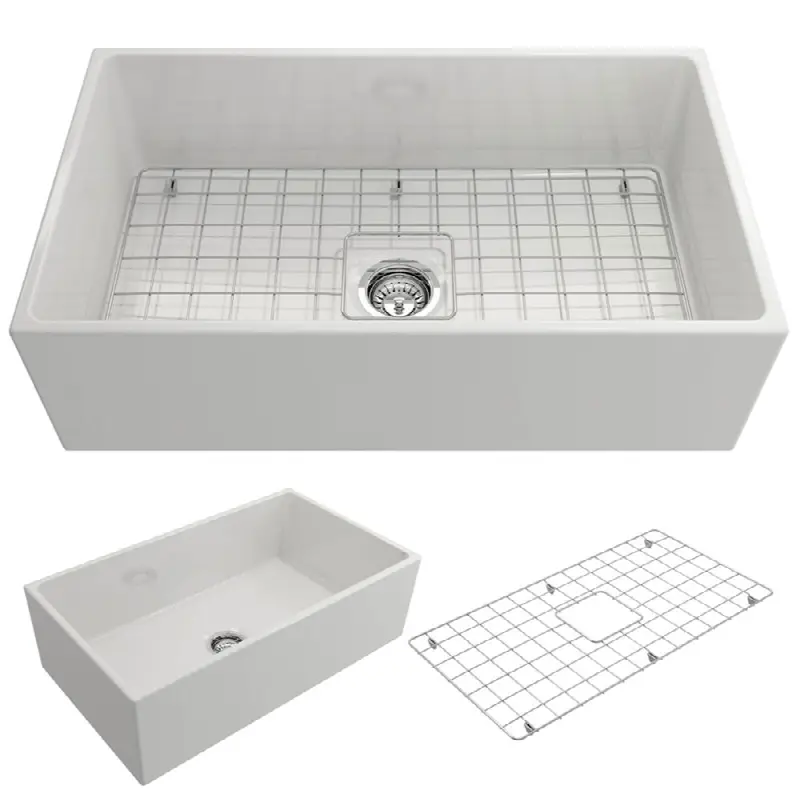 Contempo Apron Front Fireclay 33 in. Single Bowl Kitchen Sink with Protective Bottom Grid and Strainer