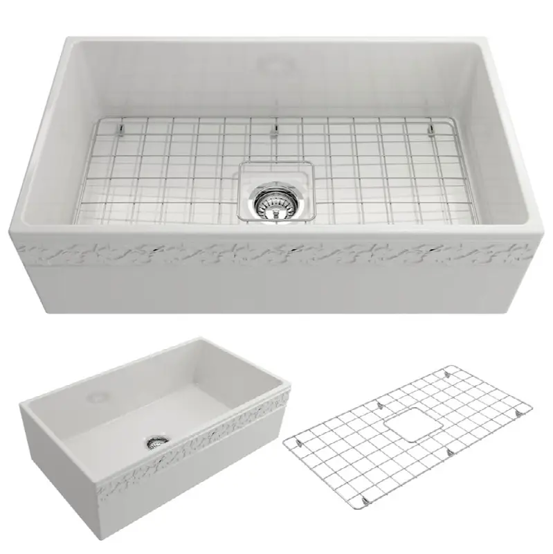 Vigneto Apron Front Fireclay 33 in. Single Bowl Kitchen Sink with Protective Bottom Grid and Strainer