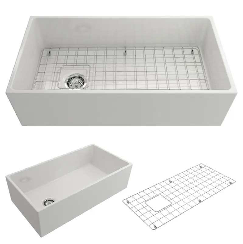 Contempo Apron Front Fireclay 36 in. Single Bowl Kitchen Sink with Protective Bottom Grid and Strainer