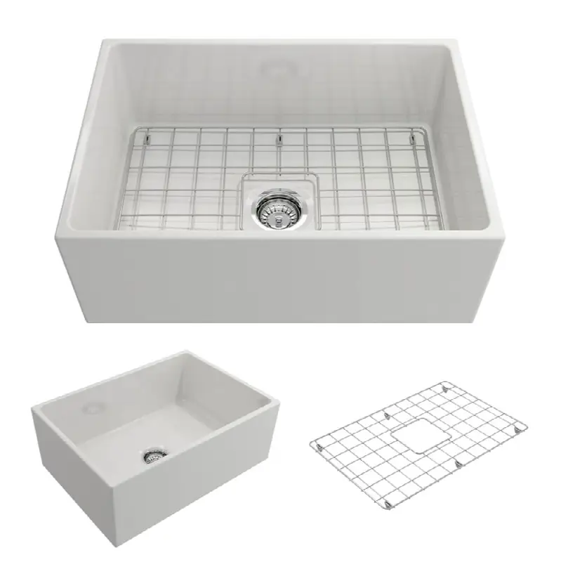 Contempo Apron Front Fireclay 27 in. Single Bowl Kitchen Sink with Protective Bottom Grid and Strainer
