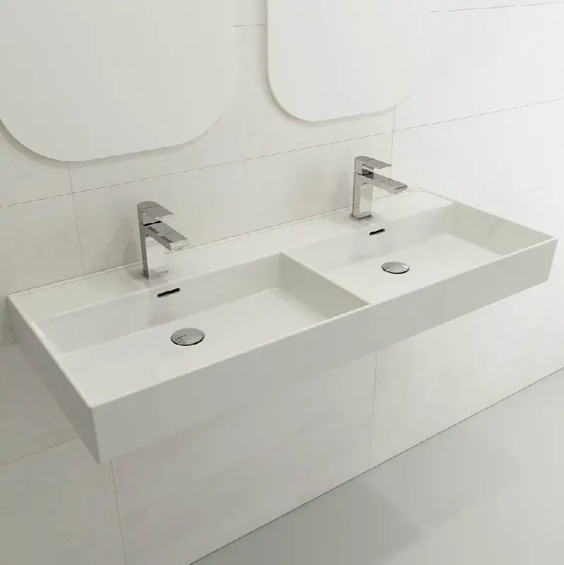 Milano Wall-Mounted Sink Fireclay 47.75 in. Double Bowl for Two 1-Hole Faucets with Overflows