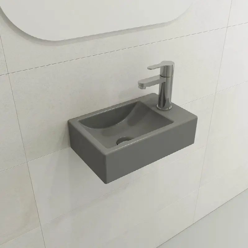 Milano Wall-Mounted Sink Fireclay 14.5 in. 1-hole on Left Side with Overflow in Matte Gray