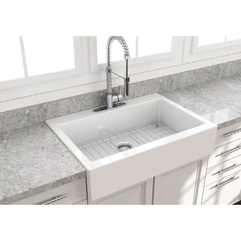 Nuova Apron Front Drop-In Fireclay 34 in. Single Bowl Kitchen Sink with Protective Bottom Grid and Strainer