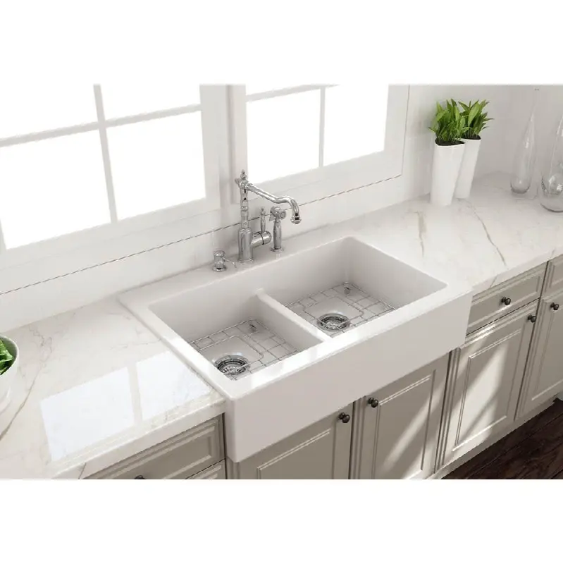 Nuova Apron Front Drop-In Fireclay 34 in. 50/50 Double Bowl Kitchen Sink with Protective Bottom Grids and Strainers
