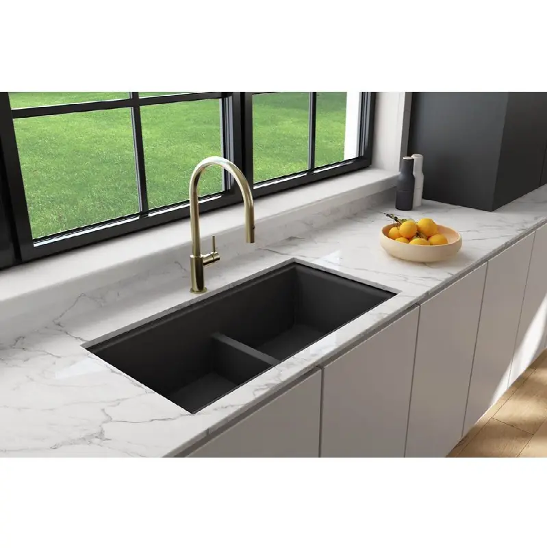 Baveno Lux Undermount 33". Double Bowl Granite Composite Kitchen Sink with Integrated Workstation and Accessories
