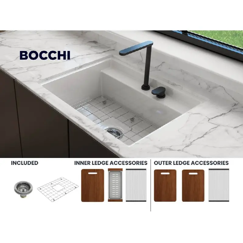 Baveno Uno Dual-Mount with Integrated Workstation Fireclay 27 in. Single Bowl Kitchen Sink 2-hole with Accessories