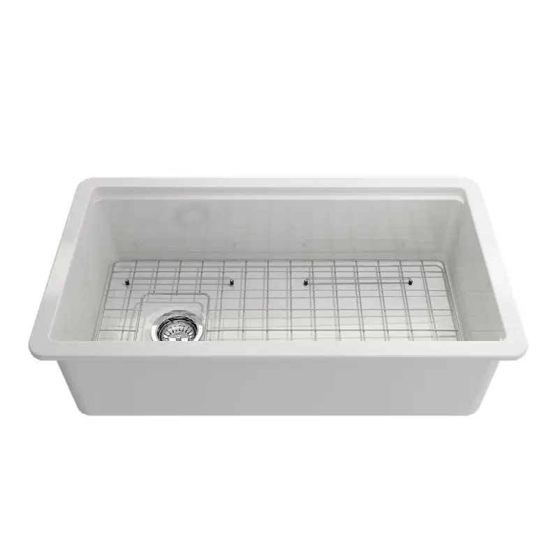 Sotto Step-Rim Tri-mount Fireclay 34 in. Single Bowl Kitchen Sink integrated Workstation & Accessories with Protective Bottom Grid and Strainer