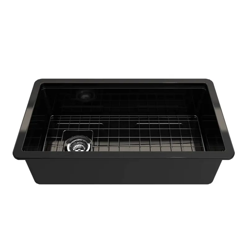 Sotto Step-Rim Tri-Mount Fireclay 34 in. Single Bowl Kitchen Sink Integrated Workstation and Accessories with Protective Bottom Grid and Strainer in Black