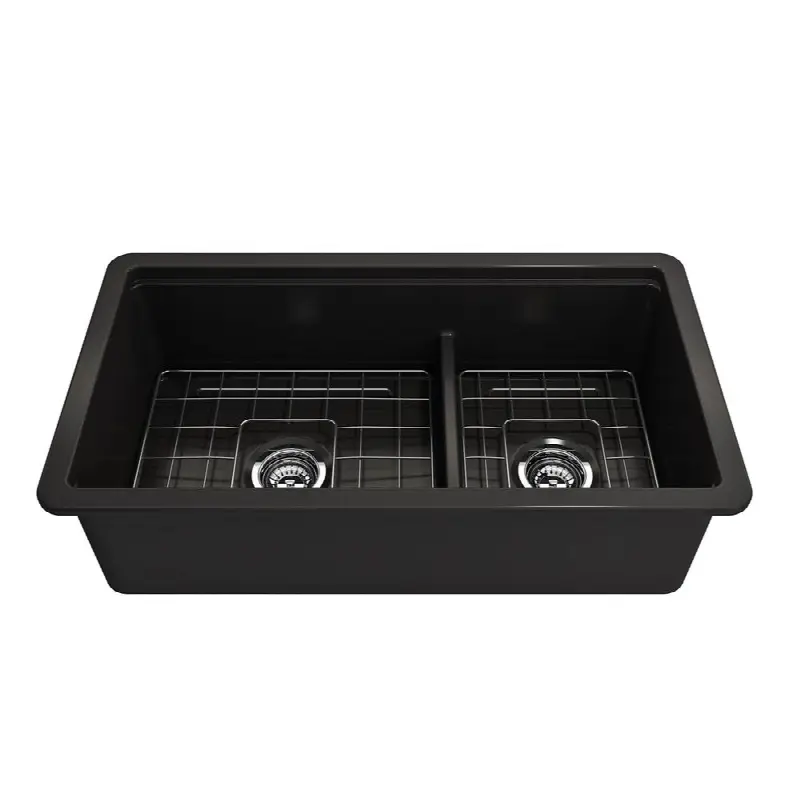 Sotto Step-Rim Tri-mount Fireclay 34D in. 60/40 Double Bowl Kitchen Sink integrated Workstation & Accessories with Protective Bottom Grids and Strainers